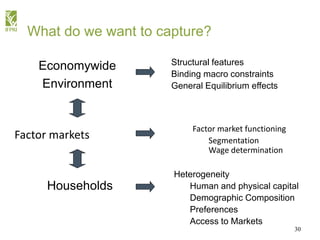 30
What do we want to capture?
Factor markets
Factor market functioning
Segmentation
Wage determination
Economywide
Enviro...