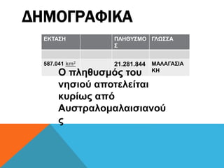 ΔΗΜΟΓΡΑΦΙΚΑ
ΕΚΤΑΣΗ ΠΛΗΘΥΣΜΟ
Σ
ΓΛΩΣΣΑ
587.041 km2
21.281.844 ΜΑΛΑΓΑΣΙΑ
ΚΗ
Ο πληθυσμός του
νησιού αποτελείται
κυρίως από
Αυστραλομαλαισιανού
ς
 