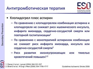 SecondaryPrevention
Guidelines Ischaemic Stroke 2008
Антитромботическая терапия
• Клопидогрел плюс аспирин
– По сравнению с клопидогрелем комбинация аспирина и
клопидогреля не снижает риск ишемического инсульта,
инфаркта миокарда, сердечно-сосудистой смерти или
повторной госпитализации1
– По сравнению с монотерапией аспирином комбинация
не снижает риск инфаркта миокарда, инсульта или
сердечно-сосудистой смерти2
– Риск развития жизнеугрожающих или тяжелых
кровотечений повышен1,2
1: Diener H et al.: Lancet (2004) 364:331-337
2: Bhatt D et al.: N Engl J Med (2006) 354:1706-1717
 
