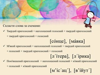 Скласти слова за схемами:
 Твердий приголосний + наголошений голосний + твердий приголосний
+ твердий приголосний + голосний
 М'який приголосний + наголошений голосний + твердий приголосний
+ голосний + твердий приголосний + голосний
 Пом'якшений приголосний + наголошений голосний + м'який приголосний
+ голосний + м'який приголосний
[сóнце], [мáвка]
[л´íтера], [л´íрика]
[м’íс´ац´], [в’íйут´]
 