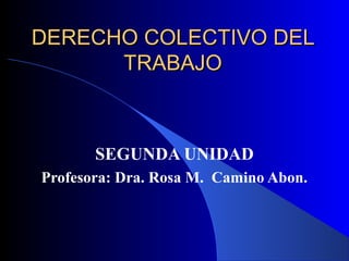 DERECHO COLECTIVO DELDERECHO COLECTIVO DEL
TRABAJOTRABAJO
SEGUNDA UNIDAD
Profesora: Dra. Rosa M. Camino Abon.
 