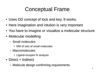 9
Conceptual Frame
● Uses DD concept of lock and key. It works.
● Here imagination and intution is very important
● You have to imagine or visualize a molecular structure
● Molecular modelling
– Small molecules
● MM of sets of small molecules
– Macromolecules
● Ligand-receptor fir analysis
● Direct + Indirect
– Molecule design confirming requirements
 