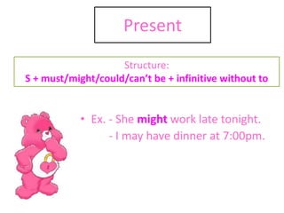 Present
• Ex. - She might work late tonight.
- I may have dinner at 7:00pm.
Structure:
S + must/might/could/can’t be + infinitive without to
 