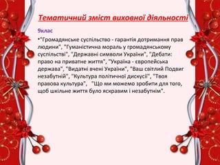 9клас
•"Громадянське суспільство - гарантія дотримання прав
людини", "Гуманістична мораль у громадянському
суспільстві", "Державні символи України", "Дебати:
право на приватне життя", "Україна - європейська
держава", "Видатні вчені України", "Ваш світлий Подвиг
незабутній", "Культура політичної дискусії", "Твоя
правова культура", "Що ми можемо зробити для того,
щоб шкільне життя було яскравим і незабутнім".
Тематичний зміст виховної діяльності
 