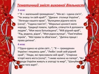 3 клас
• "Я — маленький громадянин", "Ми всі – єдина сім’я",
"Чи знаєш ти свій край?", "Древня столиця України",
"Легенди нашого краю", "Вулицями рідного міста
(села)", "Година пам'яті", "Моральні цінності мого
народу. Традиції поваги, турботи, співчуття й допомоги
людям", "Моя мала Батьківщина", "Мій рідний край",
"Рід, родина, рідня", "Моя рідна вулиця", "Пам'ятаймо
героїв", "Мої права та обов'язки", "Дитяча праця і
права дитини".
4 клас
•"Одна-єдина на цілім світі...", "Я — громадянин
України і пишаюсь цим", "Люби і знай свій рідний
край", "Люди, які прославили мій край", "Сторінки
історії мого міста (села)", "І живе калина на папері", "Всі
народи України живуть в злагоді та мирі", "Шануймося,
бо ми того варті".
Тематичний зміст виховної діяльності
 