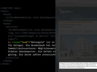 <!DOCTYPE html>
<html>
<head>
<title>Wohnmobilien sind überbewertet – heute-Nachrichten</title>
</head>
<body>
<article>
<h1>Wohnimmobilien sind überbewertet</h1>
<img src="/ZDF/zdfportal/blob/30298152/1/data.jpg"
alt="Luxuswohnungen in Berlin" title="Luxuswohnungen in Berlin
(dpa)">
<p class="lead">"Betongold" ist in der Krise der rettende Hafen
für Anleger. Die Bundesbank hat nun schlechte Nachrichten für
Immobilieninvestoren: Möglicherweise sind Wohnungen in deutschen
Städten überbewertet. Die Gefahr einer Überhitzung sei aber
gering. Die Zeche zahlen unvorsichtige Käufer.</p>
</article>
</body>
</html>
 
