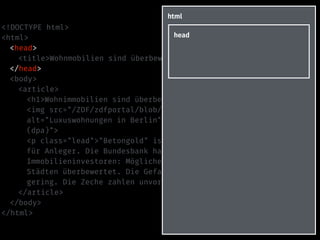 <!DOCTYPE html>
<html>
<head>
<title>Wohnmobilien sind überbewertet – heute-Nachrichten</title>
</head>
<body>
<article>
<h1>Wohnimmobilien sind überbewertet</h1>
<img src="/ZDF/zdfportal/blob/30298152/1/data.jpg"
alt="Luxuswohnungen in Berlin" title="Luxuswohnungen in Berlin
(dpa)">
<p class="lead">"Betongold" ist in der Krise der rettende Hafen
für Anleger. Die Bundesbank hat nun schlechte Nachrichten für
Immobilieninvestoren: Möglicherweise sind Wohnungen in deutschen
Städten überbewertet. Die Gefahr einer Überhitzung sei aber
gering. Die Zeche zahlen unvorsichtige Käufer.</p>
</article>
</body>
</html>
html
head
 