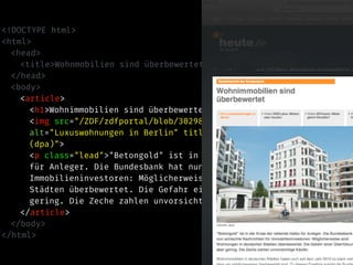 <!DOCTYPE html>
<html>
<head>
<title>Wohnmobilien sind überbewertet – heute-Nachrichten</title>
</head>
<body>
<article>
<h1>Wohnimmobilien sind überbewertet</h1>
<img src="/ZDF/zdfportal/blob/30298152/1/data.jpg"
alt="Luxuswohnungen in Berlin" title="Luxuswohnungen in Berlin
(dpa)">
<p class="lead">"Betongold" ist in der Krise der rettende Hafen
für Anleger. Die Bundesbank hat nun schlechte Nachrichten für
Immobilieninvestoren: Möglicherweise sind Wohnungen in deutschen
Städten überbewertet. Die Gefahr einer Überhitzung sei aber
gering. Die Zeche zahlen unvorsichtige Käufer.</p>
</article>
</body>
</html>
 