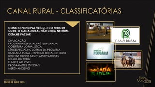 CANAL RURAL - CLASSIFICATÓRIAS
COMO O PRINCIPAL VEÍCULO DO FREIO DE
OURO, O CANAL RURAL NÃO DEIXA NENHUM
DETALHE PASSAR.
DIVULGAÇÃO
PROGRAMA ESPECIAL PRÉ TEMPORADA
COBERTURA JORNALISTICA
SÉRIE ESPECIAL NO JORNAL DA PECUÁRIA
BANCADA RURAL – ESPECIAL BOCAL DE OURO
BOLETINS DEPOIS DAS CLASSIFICATÓRIAS
LEILOES DO FREIO
FLASHES AO VIVO
PROGRAMETES ESPECIAIS
MERCHANDISING
 