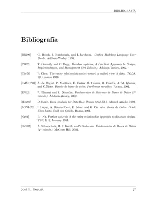 BIBLIOGRAF´IA
Bibliograf´ıa
[BRJ99] G. Booch, J. Rumbaugh, and I. Jacobson. Uniﬁed Modeling Language User
Guide. Addison-Wesley, 1999.
[CB02] T. Connolly and C. Begg. Database systems, A Practical Approach to Design,
Implementation, and Management (3rd Edition). Addison-Wesley, 2002.
[Che76] P. Chen. The entity relationship model–toward a uniﬁed view of data. TODS,
1(1), marzo 1976.
[dMMC+01] A. de Miguel, P. Mart´ınez, E. Castro, M. Cavero, D. Cuadra, A. M. Iglesias,
and C.Nieto. Dise˜no de bases de datos. Problemas resueltos. Ra-ma, 2001.
[EN02] R. Elmasri and S. Navathe. Fundamentos de Sistemas de Bases de Datos (3a
edici´on). Addison-Wesley, 2002.
[How89] D. Howe. Data Analysis for Data Base Design (2nd Ed.). Edward Arnold, 1989.
[LGNLC01] I. Luque, A. G´omez-Nieto, E. L´opez, and G. Cerruela. Bases de Datos. Desde
Chen hasta Codd con Oracle. Ra-ma, 2001.
[Ng81] P. Ng. Further analysis of the entity-relationship approach to database design.
TSE, 7(1), January 1981.
[SKS02] A. Silberschatz, H. F. Korth, and S. Sudarsan. Fundamentos de Bases de Datos
(4a edici´on). McGraw Hill, 2002.
Jos´e R. Param´a 27
 