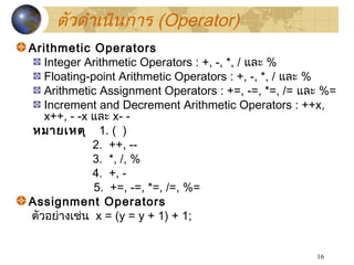 16
ตัวดำำเนินกำร (Operator)
Arithmetic Operators
Integer Arithmetic Operators : +, -, *, / และ %
Floating-point Arithmetic Operators : +, -, *, / และ %
Arithmetic Assignment Operators : +=, -=, *=, /= และ %=
Increment and Decrement Arithmetic Operators : ++x,
x++, - -x และ x- -
หมำยเหตุ 1. ( )
2. ++, --
3.  *, /, %
4. +, -
5. +=, -=, *=, /=, %=
Assignment Operators
ตัวอย่ำงเช่น x = (y = y + 1) + 1;
 