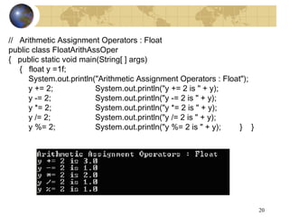 20
// Arithmetic Assignment Operators : Float
public class FloatArithAssOper
{ public static void main(String[ ] args)
{ float y =1f;
System.out.println("Arithmetic Assignment Operators : Float");
y += 2; System.out.println("y += 2 is " + y);
y -= 2; System.out.println("y -= 2 is " + y);
y *= 2; System.out.println("y *= 2 is " + y);
y /= 2; System.out.println("y /= 2 is " + y);
y %= 2; System.out.println("y %= 2 is " + y); } }
 