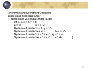 21
//Increment and Decrement Operators
public class TestIncDecOper
{ public static void main(String[ ] args)
{ int a, b, x = 1, y = 1;
a = x++; b = ++y;
System.out.println("x = 1 , y = 1");
System.out.println("a = x++ , b = ++y");
System.out.println("x+ = " + x+" , +y = " +y);
System.out.println("a+ = " + a+", +b = " +b); } }
 