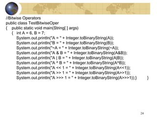 24
//Bitwise Operators
public class TestBitwiseOper
{ public static void main(String[ ] args)
{ int A = 6, B = 7;
System.out.println("A = " + Integer.toBinaryString(A));
System.out.println("B = " + Integer.toBinaryString(B));
System.out.println("~A = " + Integer.toBinaryString(~A));
System.out.println("A & B = " + Integer.toBinaryString(A&B));
System.out.println("A | B = " + Integer.toBinaryString(A|B));
System.out.println("A ^ B = " + Integer.toBinaryString(A^B));
System.out.println("A << 1 = " + Integer.toBinaryString(A<<1));
System.out.println("A >> 1 = " + Integer.toBinaryString(A>>1));
System.out.println("A >>> 1 = " + Integer.toBinaryString(A>>>1));} }
 