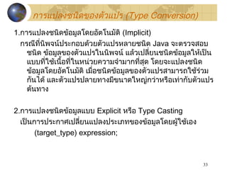33
กำรแปลงชนิดของตัวแปร (Type Conversion)
1.กำรแปลงชนิดข้อมูลโดยอัตโนมัติ (Implicit)
กรณีที่นิพจน์ประกอบด้วยตัวแปรหลำยชนิด Java จะตรวจสอบ
ชนิด ข้อมูลของตัวแปรในนิพจน์ แล้วเปลี่ยนชนิดข้อมูลให้เป็น
แบบที่ใช้เนื้อที่ในหน่วยควำมจำำมำกที่สุด โดยจะแปลงชนิด
ข้อมูลโดยอัตโนมัติ เมื่อชนิดข้อมูลของตัวแปรสำมำรถใช้ร่วม
กันได้ และตัวแปรปลำยทำงมีขนำดใหญ่กว่ำหรือเท่ำกับตัวแปร
ต้นทำง
2.กำรแปลงชนิดข้อมูลแบบ Explicit หรือ Type Casting
เป็นกำรประกำศเปลี่ยนแปลงประเภทของข้อมูลโดยผู้ใช้เอง
(target_type) expression;
 