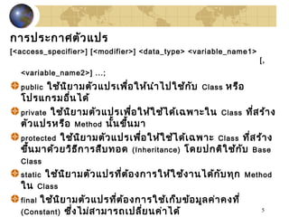 5
การประกาศตัวแปร
[<access_specifier>] [<modifier>] <data_type> <variable_name1>
[,
<variable_name2>] ...;
public ใช้นิยามตัวแปรเพื่อให้นำาไปใช้กับ Class หรือ
โปรแกรมอื่นได้
private ใช้นิยามตัวแปรเพื่อให้ใช้ได้เฉพาะใน Class ที่สร้าง
ตัวแปรหรือ Method นั้นขึ้นมา
protected ใช้นิยามตัวแปรเพื่อให้ใช้ได้เฉพาะ Class ที่สร้าง
ขึ้นมาด้วยวิธีการสืบทอด (Inheritance) โดยปกติใช้กับ Base
Class
static ใช้นิยามตัวแปรที่ต้องการให้ใช้งานได้กับทุก Method
ใน Class
final ใช้นิยามตัวแปรที่ต้องการใช้เก็บข้อมูลค่าคงที่
(Constant) ซึ่งไม่สามารถเปลี่ยนค่าได้
 