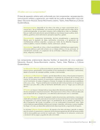 Curriculum Nacional Base del Nivel Preprimario
121
¿Cuáles son sus componentes?
El área de expresión artística está conformada por tres componentes: sensopercepción,
comunicación artística y apreciación, por medio de los cuales se desarrollan cinco sub-
áreas: Educación Musical, Danza-Movimiento creativo, Teatro, Artes Plásticas y Culturas
Guatemaltecas.
Sensopercepción: desarrolla en los niños y las niñas un mayor conocimiento de sí
mismos (as) y de sus habilidades, una conciencia activa del medio que los rodea, de las
condiciones generales en que están inmersos y de la calidad de su vida a su alrededor.
Esto por medio de la estimulación sensorial desde sus vías diversas (visual, auditiva, táctil,
olfativa, gustativa) y de la estimulación perceptiva específica y global.
Comunicación: proporciona herramientas, técnicas procedimientos y experiencias
básicas para la expresión de ideas, sentimientos, emociones, y la generación de
manifestaciones artísticas originales y propias por medio de los diferentes lenguajes
artísticos (plástico, musical, kinestésico, teatral, audiovisual, cultural).
Apreciación: desarrolla en niños y niñas la sensibilidad y habilidad para experimentar
emociones estéticas a partir del contacto con un trabajo artístico; a la vez, promueve el
entendimiento profundo y la aceptación de las similitudes y diferencias entre culturas,
etnias, religiones y tradiciones.
Los componentes anteriormente descritos facilitan el desarrollo de cinco subáreas:
Educación Musical, Danza-Movimiento creativo, Teatro, Artes Plásticas y Culturas
Guatemaltecas
La Educación Musical La Educación Musical permite al ser humano establecer contacto con su
entorno sonoro, apreciándolo, comunicándose con él y expresando su interioridad o sentimientos,
desde la formación de mensajes audibles, vocales o instrumentales.
La Danza y el Movimiento Creativo permite desarrollar en niños y niñas el potencial expresivo
de sus cuerpos, estimula su sentido kinestésico e incrementa la conciencia de sí mismos y en sí
mismas, la conciencia corporal, el conocimiento y aplicación de los elementos que se relacionan
con el movimiento: el cuerpo, el espacio, el tiempo, la energía y las relaciones que se establecen
entre unos y otros. Propicia el disfrute de momentos de total involucramiento con la experiencia
dancística que para ellos y ellas es fácilmente identificable como la “magia que se siente por
dentro”.
El Teatro con base en intereses lúdicos, busca desarrollar elementos esenciales que son: la voz, la
dicción, la expresión corporal y la actuación. Ello proporciona a niños y niñas un vehículo adecuado
para el desarrollo de su imaginación y una alternativa adicional para usar su creatividad.
Las Artes Plásticas permiten la expresión creativa de emociones, sentimientos y vivencias por
medio de la actividad motriz; estimulan el movimiento en el que intervienen la mente, la sensibilidad,
la imaginación y la creación dando lugar a la sensibilización de sus sentidos, agudizando con
ello la percepción del mundo circundante y a la vez conduciendo al dinamismo motor. Están
conformadas por especialidades artísticas que manejan materiales, volúmenes y cuerpos tangibles.
Se dirigen a la vista y se desarrollan plásticamente descomponiendo y organizando el espacio.
La sub-área Culturas Guatemaltecas da soporte a las otras sub-áreas y permite un espacio
para el contacto, la apreciación y valoración de las diversas expresiones del arte del propio pueblo
y de los otros pueblos que conviven en nuestro país. Hace énfasis en la valoración, construcción
y recreación de los juegos y juguetes de cada comunidad.
 