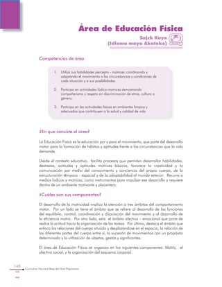 148
Curriculum Nacional Base del Nivel Preprimario
Competencias de área
¿En que consiste el área?
La Educación Física es la educación por y para el movimiento, que parte del desarrollo
motor para la formación de hábitos y aptitudes frente a las circunstancias que la vida
demande.
Desde el contexto educativo, facilita procesos que permiten desarrollar habilidades,
destrezas, actitudes y aptitudes motrices básicas, favorece la creatividad y la
comunicación por medio del conocimiento y conciencia del propio cuerpo, de la
estructuración témporo - espacial y de la adaptabilidad al mundo exterior. Recurre a
medios lúdicos y motrices, como instrumentos para impulsar ese desarrollo y requiere
dentro de un ambiente motivante y placentero.
¿Cuáles son sus componentes?
El desarrollo de la motricidad implica la atención a tres ámbitos del comportamiento
motor. Por un lado se tiene el ámbito que se refiere al desarrollo de las funciones
del equilibrio, control, coordinación y disociación del movimiento y al desarrollo de
la eficiencia motriz. Por otro lado, está el ámbito afectivo – emocional que pone de
realce la actitud hacia la organización de las tareas. Por último, destaca el ámbito que
enfoca las relaciones del cuerpo situado y desplazándose en el espacio, la relación de
las diferentes partes del cuerpo entre sí, la sucesión de movimientos con un propósito
determinado y la utilización de objetos, gestos y significantes.
El área de Educación Física se organiza en los siguientes componentes: Motriz, el
afectivo social, y la organización del esquema corporal.
1.	 Utiliza sus habilidades percepto - motrices coordinando y
adaptando el movimiento a las circunstancias y condiciones de
cada situación y a sus posibilidades.
2.	 Participa en actividades lúdico-motrices demostrando
compañerismo y respeto sin discriminación de etnia, cultura o
género.
3.	 Participa en las actividades físicas en ambientes limpios y
adecuados que contribuyen a la salud y calidad de vida
Área de Educación Física
Sajch Kuyo
(Idioma maya Akateko)
 