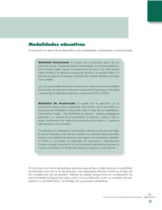 Curriculum Nacional Base del Nivel Preprimario
39
Modalidades educativas
La educación en este nivel se desarrolla en dos modalidades: escolarizada y no escolarizada.
Modalidad Escolarizada: Es aquella que se desarrolla dentro de una
institución escolar, dirigida por personal especializado, con horarios específicos.
Estos horarios pueden requerir la presencia de los niños y las niñas durante
media jornada si se realiza en escuelas de Párvulos y en jornada doble si la
atención se realiza en Guarderías, Casas del niño, Centros Infantiles o en Casas
Cuna privadas.
Las y los responsables directos de la atención en instituciones de la modalidad
escolarizada, son docentes de educación preprimaria (monolingües o bilingües)
y docentes de los diferentes programas y proyectos de OG’s y ONG’s.
Modalidad No Escolarizada: Es aquella que se desarrolla con la
participación directa, activa y organizada de la familia y de la comunidad. Sus
programas de actividades se desarrollan sobre la base de las necesidades y
características locales. Esta flexibilidad se extiende a aspectos pedagógicos
pertinentes y a horarios de funcionamiento. La atención a niños y niñas se
realiza, directamente, por medio de los miembros de la familia y / o personas
seleccionadas en la comunidad.
Corresponde a la modalidad no escolarizada, enfrentar el reto de hacer llegar
la atención educativa, más allá de la capital y las cabeceras departamentales,
hasta las comunidades más dispersas y los hogares más necesitados y alejados.
La familia, la comunidad, los personajes, las instituciones y organizaciones
cumplen un papel importante en el impulso de esta modalidad que promete un
impacto social efectivo en el desarrollo personal y colectivo a nivel nacional.
El currículum es el rector del quehacer educativo que se lleva a cabo tanto por la modalidad
escolarizada como por la no escolarizada, cuyo desempeño eficiente incidirá en el logro de
las competencias que se plantean. Además es integral porque toma en consideración las
particularidades biológicas de niños y niñas como su desarrollo motor, su actividad nerviosa
superior, su actividad física y la fisiología de sus procesos metabólicos.
 