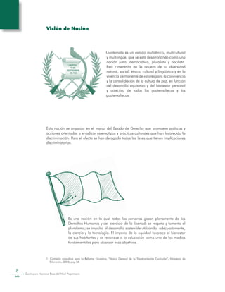 8
Curriculum Nacional Base del Nivel Preprimario
Visión de Nación
Guatemala es un estado multiétnico, multicultural
y multilingüe, que se está desarrollando como una
nación justa, democrática, pluralista y pacifista.
Está cimentada en la riqueza de su diversidad
natural, social, étnica, cultural y lingüística y en la
vivencia permanente de valores para la convivencia
y la consolidación de la cultura de paz, en función
del desarrollo equitativo y del bienestar personal
y colectivo de todas las guatemaltecas y los
guatemaltecos.
Esta nación se organiza en el marco del Estado de Derecho que promueve políticas y
acciones orientadas a erradicar estereotipos y prácticas culturales que han favorecido la
discriminación. Para el efecto se han derogado todas las leyes que tienen implicaciones
discriminatorias.
Es una nación en la cual todas las personas gozan plenamente de los
Derechos Humanos y del ejercicio de la libertad; se respeta y fomenta el
pluralismo; se impulsa el desarrollo sostenible utilizando, adecuadamente,
la ciencia y la tecnología. El imperio de la equidad favorece el bienestar
de sus habitantes y se reconoce a la educación como uno de los medios
fundamentales para alcanzar esos objetivos.
1. Comisión consultiva para la Reforma Educativa, “Marco General de la Transformación Curricular”, Ministerio de
Educación, 2003; pag 36.
 