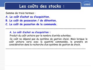 LOGO
Les coûts des stocks :
Somme de trois termes :
A. Le coût d’achat ou d’acquisition.
B. Le coût de possession / de détention.
C. Le coût de passation de la commande.
--------------------------------------------------------------
A. Le coût d’achat ou d’acquisition :
Produit du coût unitaire par le nombre d’unités achetées.
Ce coût ne dépend pas du système de gestion choisi. Mais lorsque le
coût unitaire varie avec la quantité commandée, le prendre en
considération dans la recherche d’un système de gestion de stock.
--------------------------------------------------------------
 