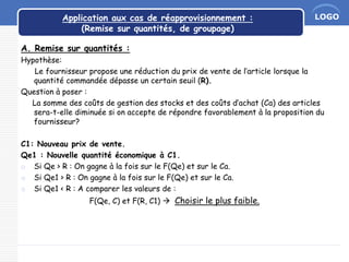 LOGOApplication aux cas de réapprovisionnement :
(Remise sur quantités, de groupage)
A. Remise sur quantités :
Hypothèse:
Le fournisseur propose une réduction du prix de vente de l’article lorsque la
quantité commandée dépasse un certain seuil (R).
Question à poser :
La somme des coûts de gestion des stocks et des coûts d’achat (Ca) des articles
sera-t-elle diminuée si on accepte de répondre favorablement à la proposition du
fournisseur?
C1: Nouveau prix de vente.
Qe1 : Nouvelle quantité économique à C1.
o Si Qe > R : On gagne à la fois sur le F(Qe) et sur le Ca.
o Si Qe1 > R : On gagne à la fois sur le F(Qe) et sur le Ca.
o Si Qe1 < R : A comparer les valeurs de :
F(Qe, C) et F(R, C1)  Choisir le plus faible.
 