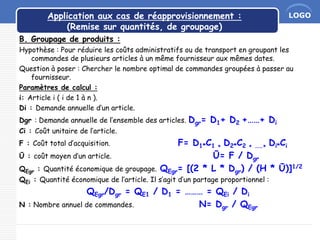 LOGOApplication aux cas de réapprovisionnement :
(Remise sur quantités, de groupage)
B. Groupage de produits :
Hypothèse : Pour réduire les coûts administratifs ou de transport en groupant les
commandes de plusieurs articles à un même fournisseur aux mêmes dates.
Question à poser : Chercher le nombre optimal de commandes groupées à passer au
fournisseur.
Paramètres de calcul :
i: Article i ( i de 1 à n ).
Di : Demande annuelle d’un article.
Dgr : Demande annuelle de l’ensemble des articles. Dgr= D1+ D2 +……+ Di
Ci : Coût unitaire de l’article.
F : Coût total d’acquisition. F= D1*C1 + D2*C2 + ……+ Di*Ci
Ū : coût moyen d’un article. Ū= F / Dgr
QEgr : Quantité économique de groupage. QEgr= [(2 * L * Dgr) / (H * Ū)]1/2
QEi : Quantité économique de l’article. Il s’agit d’un partage proportionnel :
QEgr/Dgr = QE1 / D1 = ……… = QEi / Di
N : Nombre annuel de commandes. N= Dgr / QEgr
 