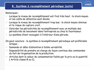 LOGO
B. Système à recomplètement périodique (suite)
Remarques :
 Lorsque le niveau de recomplètement est fixé très haut : le stock moyen
et les coûts de détention sont élevés.
 Lorsque le niveau de recomplètement trop bas : le stock moyen diminue
et le risque de rupture croit.
 Coïncider les périodicités de recomplètement avec un multiple des
périodicités de lancement dans l’entreprise ou chez le fournisseur.
 Le système étant «aveugle» à l’intérieur d’une période.
On peut conclure : le système à recomplètement périodique est préférable
lorsque :
 Demande et délai d’obtention à faible variabilité.
 Impossibilité de prendre en charge de façon continue des commandes
du fait de l’organisation de la production.
 Articles dont la valeur de consommation faible par le prix ou la quantité
( Article classe B ou C).
 