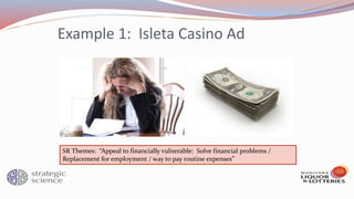 Example 1: Isleta Casino Ad
SR Themes: “Appeal to financially vulnerable: Solve financial problems /
Replacement for employment / way to pay routine expenses”
 