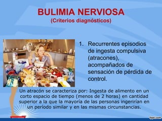 BULIMIA NERVIOSA
(Criterios diagnósticos)
1. Recurrentes episodios
de ingesta compulsiva
(atracones),
acompañados de
sensación de pérdida de
control.
Un atracón se caracteriza por: Ingesta de alimento en un
corto espacio de tiempo (menos de 2 horas) en cantidad
superior a la que la mayoría de las personas ingerirían en
un período similar y en las mismas circunstancias.
 