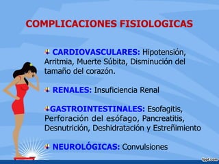 CARDIOVASCULARES: Hipotensión,
Arritmia, Muerte Súbita, Disminución del
tamaño del corazón.
RENALES: Insuficiencia Renal
GASTROINTESTINALES: Esofagitis,
Perforación del esófago, Pancreatitis,
Desnutrición, Deshidratación y Estreñimiento
NEUROLÓGICAS: Convulsiones
COMPLICACIONES FISIOLOGICAS
 