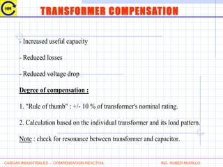 TRANSFORMER COMPENSATION
- Increased useful capacity
- Reduced losses
- Reduced voltage drop
Degree of compensation :
1. "Rule of thumb" : +/- 10 % of transformer's nominal rating.
2. Calculation based on the individual transformer and its load pattern.
Note : check for resonance between transformer and capacitor.
CARGAS INDUSTRIALES - COMPENSACION REACTIVA ING. HUBER MURILLO
 