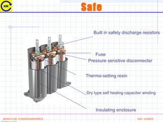 Safe
Built in safety discharge resistors
Fuse
Pressure sensitive disconnector
Thermo-setting resin
Dry type self healing capacitor winding
Insulating enclosure
BANCO DE CONDENSADORES ING. HUBER
 