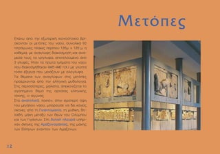 Επάνω από την εξωτερική κιονοστοιχία βρί-
σκονταν οι µετόπες του ναού, συνολικά 92
τετράγωνες πλάκες περίπου 1.35µ. x 1.35 µ. η
καθεµία, µε ανάγλυφη διακόσµηση και ανά-
µεσά τους τα τρίγλυφα, αποτελούµενα από
3 γλυφές. Ήταν τα πρώτα τµήµατα του ναού
που διακοσµήθηκαν (445-440 π.Χ.) µε γλυπτά
τόσο έξεργα που µοιάζουν µε ολόγλυφα.
Tα θέµατα των αναγλύφων στις µετόπες
προέρχονται από την ελληνική µυθολογία.
Στις περισσότερες, µάλιστα, απεικονίζεται το
αγαπηµένο θέµα της αρχαίας ελληνικής
τέχνης, ο αγώνας.
Στα ανατολικά, λοιπόν, στην ιερότερη όψη
του µεγάλου ναού, µπορούσε να δει κανείς
σκηνές από τη Γιγαντοµαχία, τη µυθική, δη-
λαδή, µάχη µεταξύ των θεών του Oλύµπου
και των Γιγάντων. Στη δυτική πλευρά υπήρ-
χαν σκηνές της Aµαζονοµαχίας, της µάχης
των Eλλήνων εναντίον των Aµαζόνων.
Μετόπες
1
12
2
 