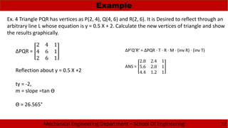 Mechanical Engineering Department – School Of Engineering
Example
22
Ex. 4 Triangle PQR has vertices as P(2, 4), Q(4, 6) and R(2, 6). It is Desired to reflect through an
arbitrary line L whose equation is y = 0.5 X + 2. Calculate the new vertices of triangle and show
the results graphically.
ΔPQR =
2 4 1
4 6 1
2 6 1
Reflection about y = 0.5 X +2
ty = -2,
m = slope =tan Ɵ
Ɵ = 26.565°
ΔP’Q’R’ = ΔPQR · T · R · M · (inv R) · (inv T)
ANS =
2.8 2.4 1
5.6 2.8 1
4.4 1.2 1
 
