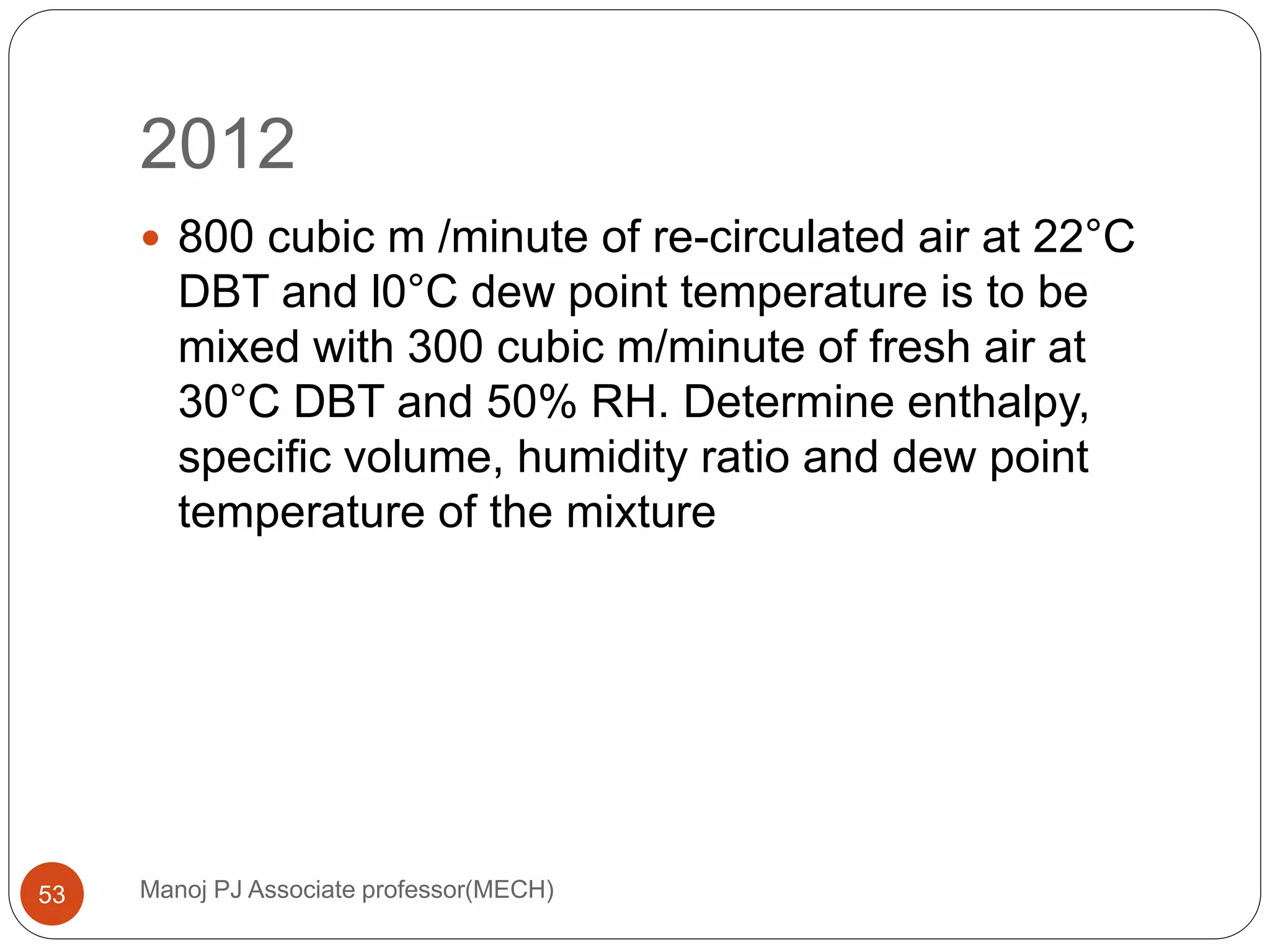 2012
Manoj PJ Associate professor(MECH)53
 800 cubic m /minute of re-circulated air at 22°C
DBT and l0°C dew point temperature is to be
mixed with 300 cubic m/minute of fresh air at
30°C DBT and 50% RH. Determine enthalpy,
specific volume, humidity ratio and dew point
temperature of the mixture
 