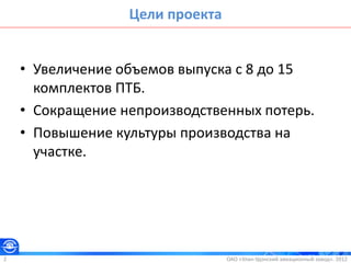 Цели проекта
• Увеличение объемов выпуска с 8 до 15
комплектов ПТБ.
• Сокращение непроизводственных потерь.
• Повышение культуры производства на
участке.
ОАО «Улан-Удэнский авиационный завод». 20122
 