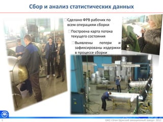ОАО «Улан-Удэнский авиационный завод». 20125
Сбор и анализ статистических данных
Сделано ФРВ рабочих по
всем операциям сборки
Построена карта потока
текущего состояния
Выявлены потери и
зафиксированы издержки
в процессе сборки
 
