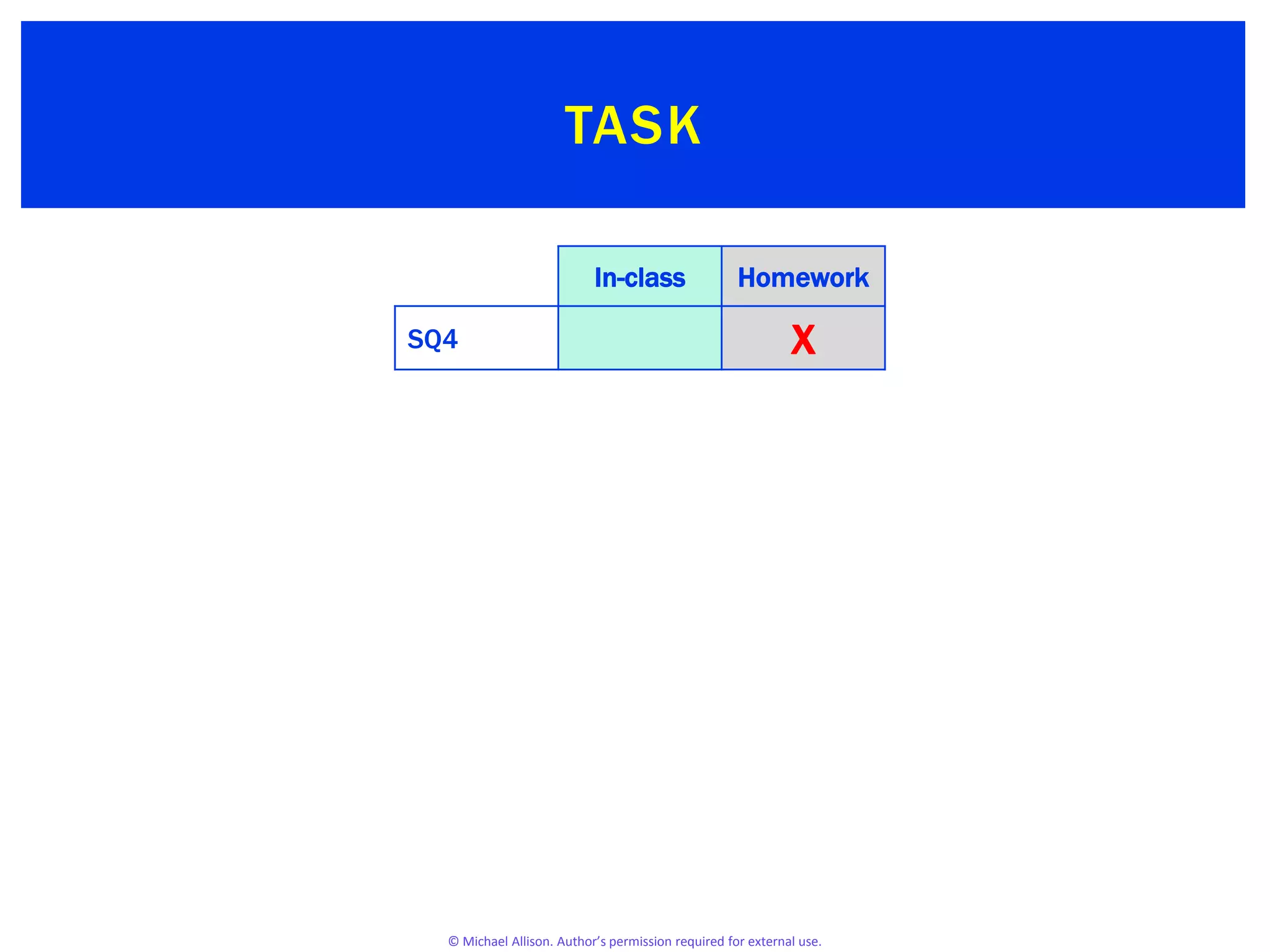 © Michael Allison. Author’s permission required for external use.
TASK
In-class Homework
SQ4 X
 