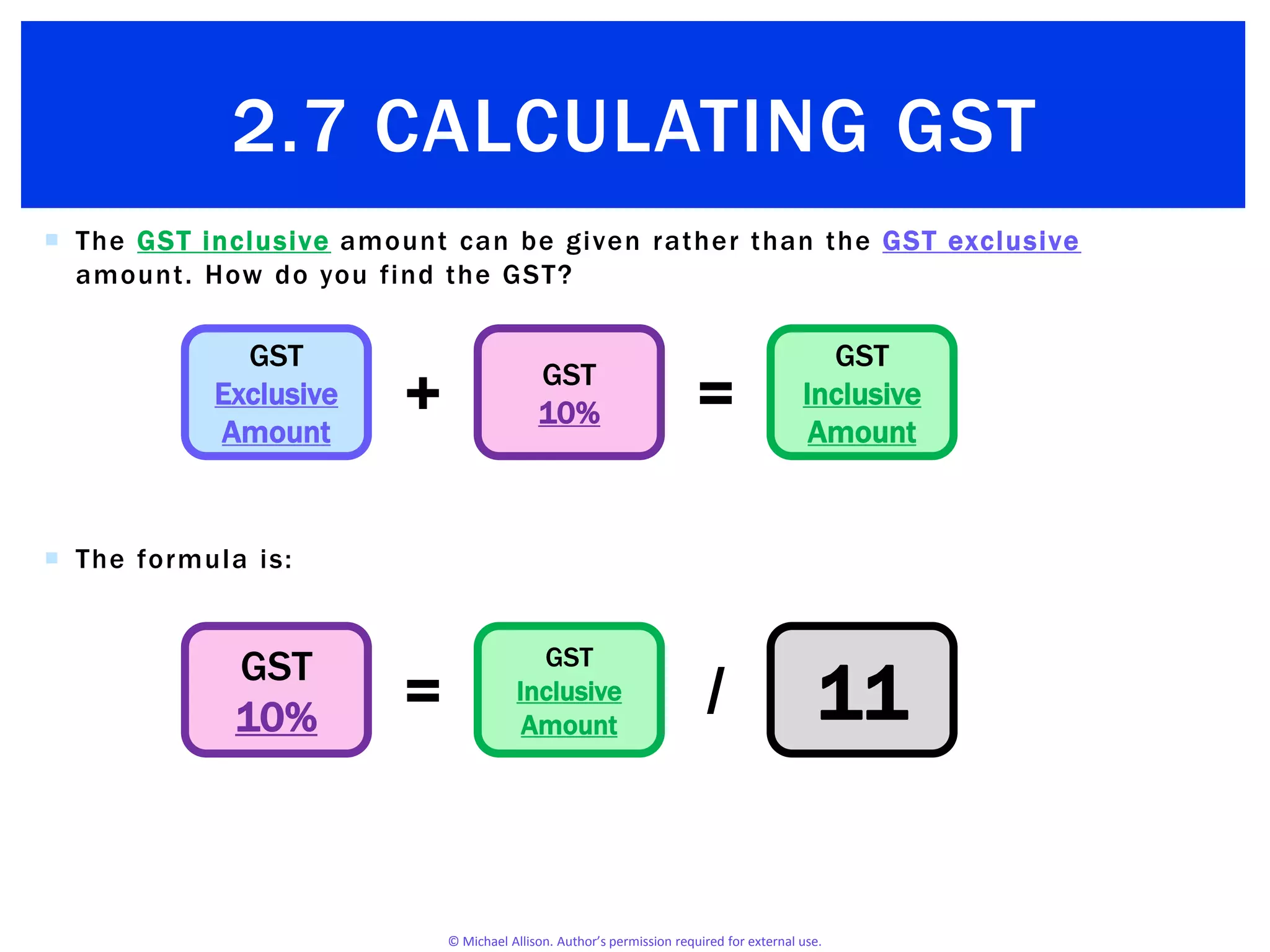 © Michael Allison. Author’s permission required for external use.
 The GST inclusive amount can be given rather than the GST exclusive
amount. How do you find the GST?
 The formula is:
+ =
GST
Exclusive
Amount
GST
10%
GST
Inclusive
Amount
/= 11GST
10%
GST
Inclusive
Amount
2.7 CALCULATING GST
 