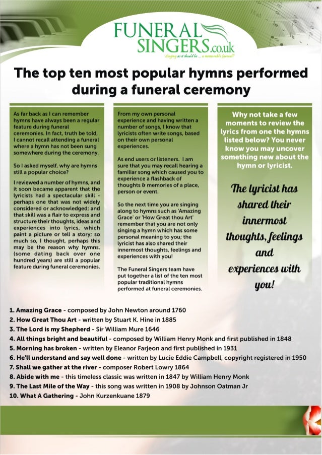 The 10 most popular hymns performed during a funeral ceremony