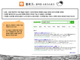 블로그.. 맑지만 스모그스모그
!  20대 ?!!40대 후반까지 가장 폭넓은 이용자 "!검색 엔진과 연계해 사실상 온라인 유저 전부를 타겟팅!
!  다양한 멀티미디어 Source와 연계해 컨텐츠 허브로 기능,!긴 호흡의 스토리텔링!
!  가입형 or!설치형:!네이버 블로그 vs!티스토리 vs!워드프레스 "!성격에 맞는 서비스 선택이 관건/!네이버가 답은 아니다!!
#  블로그는 생태계 "!브랜드 저널
리즘과 owned!media!
#  But,!블로그 자체에 대한 부정적
인식..!파워블로거지,!검색 노출
혼탁을 어떻게 극복할 것인가?!
블로고스피어의 붕괴..!
 