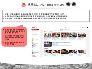 유튜브.. 근질근질하게 맑은 날씨
!  10대 ?!!50대.. 고퀄리티 영상SNS의 유일한 지배자 " 검색 포털과 연계해 폭넓은 사용자!
!  브랜드 메시지 전달,!상품의 감성적 전달 등 기업/제품 기반 스토리텔링 & 브랜딩에 최적화!
!  단순 View가 아닌 구독자,!Viewed!Lme을 기반으로한 장기적이고 안정적인 관계 정립 필요!
#  검색 포털과 연계,!스타vlogger의
등장 등 동영상의 글로벌/국내 가
릴 것 없는 절대 강자!
#  단순 컨텐츠 아카이빙을 벗어나
SNS의 하나로의 운영론에 대한
기대감!
#  영상의 중요성과 함께 앞으로도
기대가 큰 채널
 