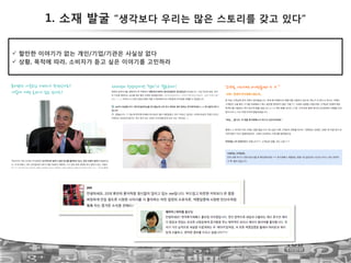 1. 소재 발굴 ”생각보다 우리는 많은 스토리를 갖고 있다”
44
!  할만한 이야기가 없는 개인/기업/기관은 사실상 없다
!  상황, 목적에 따라, 소비자가 듣고 싶은 이야기를 고민하라!
 