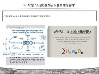 52
Story$Bumping,$Last$Actor,$
Chronological$by$Actor$
and$many$more..
5. 작성 “소셜컨텐츠는 노출로 완성된다”
$  검색 알고리즘 반영!
?!허밍버드 알고리즘:!검색의도에 기반한 정확
도+신뢰도 "$모바일 반영, 전반적 Context$
@$네이버 검색 알고리즘:!신뢰할 수 있는 정보/$
충분한 길이/$이해하기 쉽게/ 이용자 패턴 반
영$
$  Oﬀ!Page!OpLmizaLon:!External$link,$SNS,$공유,$
추천 "$궁극적으로 영향력 있는 페이지$
$  검색 친화적 사이트 제작!
$  블로거 아웃리치,!소셜큐레이션 서비스 활용!
$  만족도,!충성도:!UV,$PV$뿐만 아니라,$UV/PV값,$
얼마나 나갔는가?를 말하는 이탈율,$종료율,$머
문 시간 등 전반적 검토$
!  검색포털,!SNS 별 노출 알고리즘에 최적화된 구조를 고민하라!
 