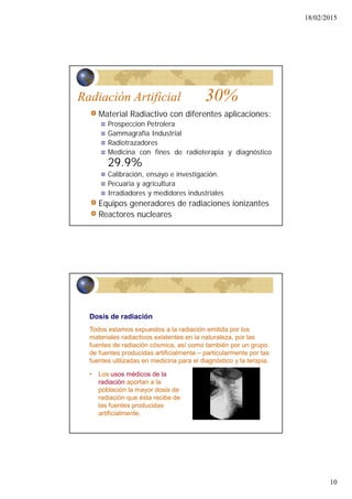 18/02/2015
10
Radiación Artificial 30%
Material Radiactivo con diferentes aplicaciones:
Prospeccion Petrolera
Gammagrafia Industrial
Radiotrazadores
Medicina con fines de radioterapia y diagnóstico
29.9%
Calibración, ensayo e investigación.
Pecuaria y agricultura
Irradiadores y medidores industriales
Equipos generadores de radiaciones ionizantes
Reactores nucleares
20
Dosis de radiación
Todos estamos expuestos a la radiación emitida por los
materiales radiactivos existentes en la naturaleza, por las
fuentes de radiación cósmica, así como también por un grupo
de fuentes producidas artificialmente – particularmente por las
fuentes utilizadas en medicina para el diagnóstico y la terapia.
• Los usos médicos de la
radiación aportan a la
población la mayor dosis de
radiación que ésta recibe de
las fuentes producidas
artificialmente.
 