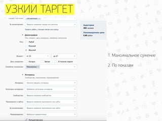 УЗКИЙ ТАРГЕТ
1. Максимальное сужение
2. По показам
 
