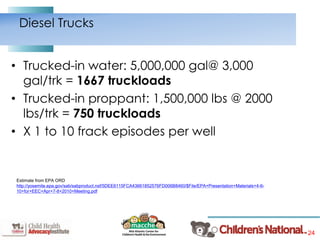 24
• Trucked-in water: 5,000,000 gal@ 3,000
gal/trk = 1667 truckloads
• Trucked-in proppant: 1,500,000 lbs @ 2000
lbs/trk = 750 truckloads
• X 1 to 10 frack episodes per well
Diesel Trucks
Estimate from EPA ORD
http://yosemite.epa.gov/sab/sabproduct.nsf/5DEE6115FCA43661852576FD006B8460/$File/EPA+Presentation+Materials+4-6-
10+for+EEC+Apr+7-8+2010+Meeting.pdf
 