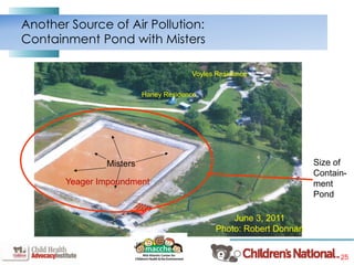 25
Another Source of Air Pollution:
Containment Pond with Misters
Misters Size of
Contain-
ment
Pond
Voyles Residence
Haney Residence
Yeager Impoundment
June 3, 2011
Photo: Robert Donnan
 