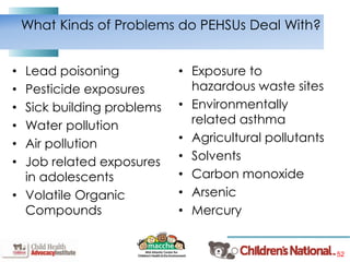 52
• Lead poisoning
• Pesticide exposures
• Sick building problems
• Water pollution
• Air pollution
• Job related exposures
in adolescents
• Volatile Organic
Compounds
What Kinds of Problems do PEHSUs Deal With?
• Exposure to
hazardous waste sites
• Environmentally
related asthma
• Agricultural pollutants
• Solvents
• Carbon monoxide
• Arsenic
• Mercury
 